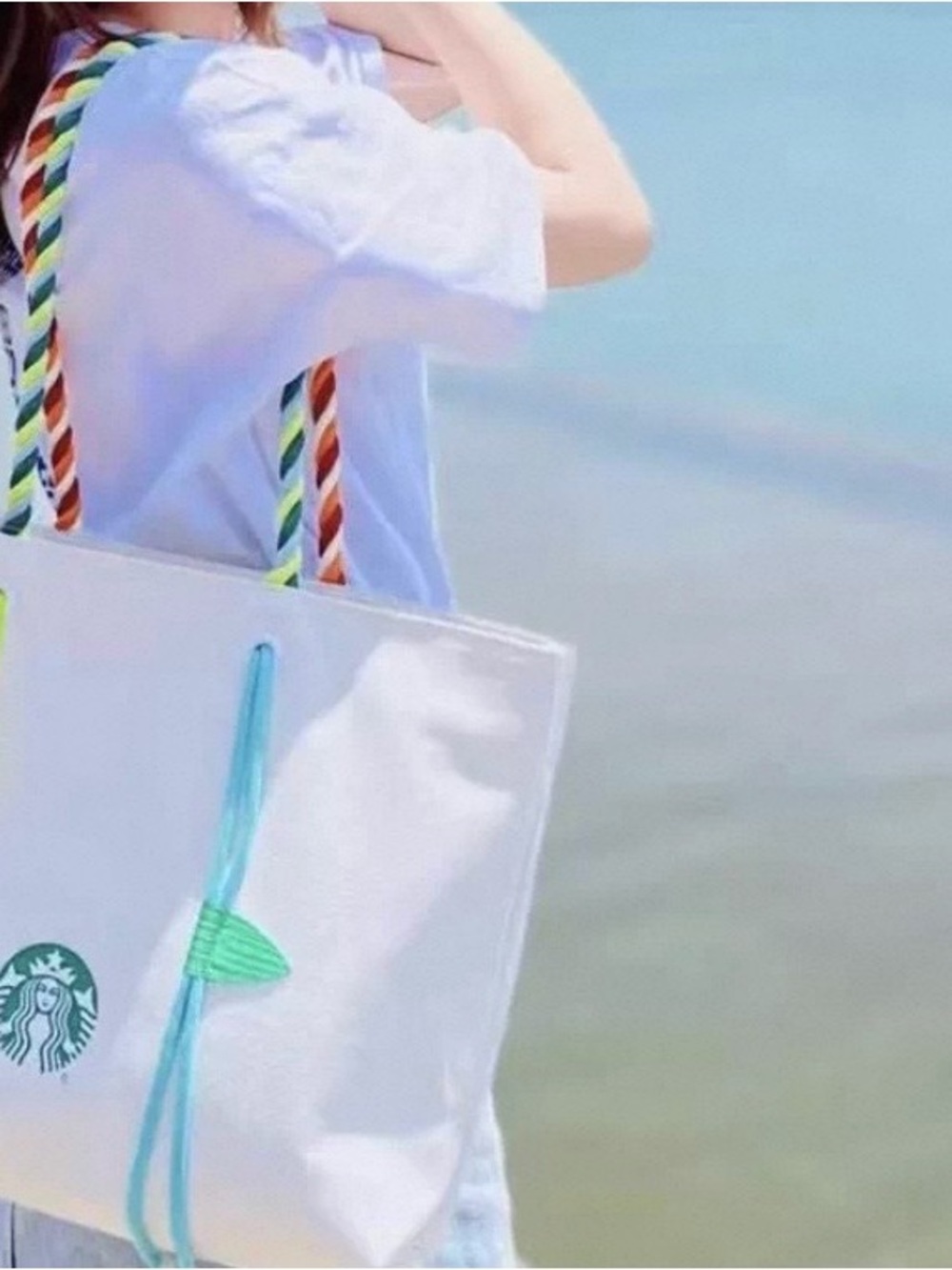 Starbucks White Canvas Tote with Rainbow Rope Handles and Turquoise Drawcord - Picture 2 of 11